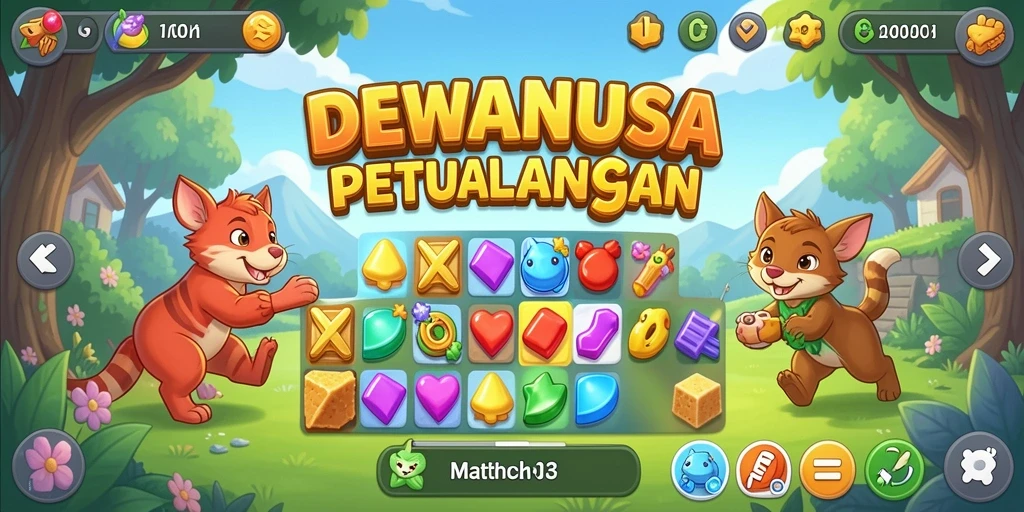 Tampilan gameplay DEWANUSA yang seru dengan permata berwarna-warni.