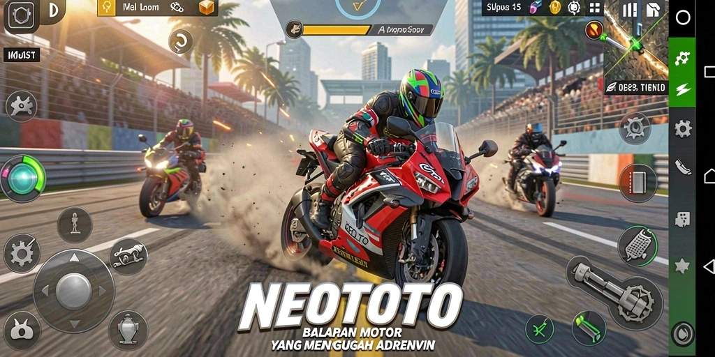 Tampilan gameplay NEOTOTO dengan balapan motor yang intens.